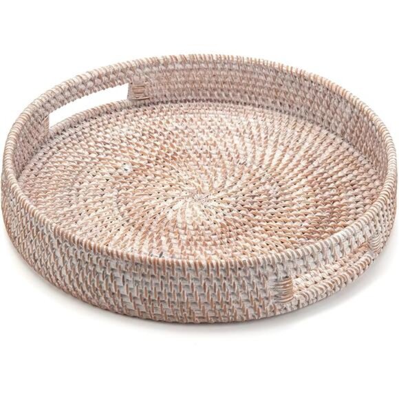 Coffee Table Tray Round Rattan Ottoman Tray Woven Serving Trays with Handles - Picture 2 of 8